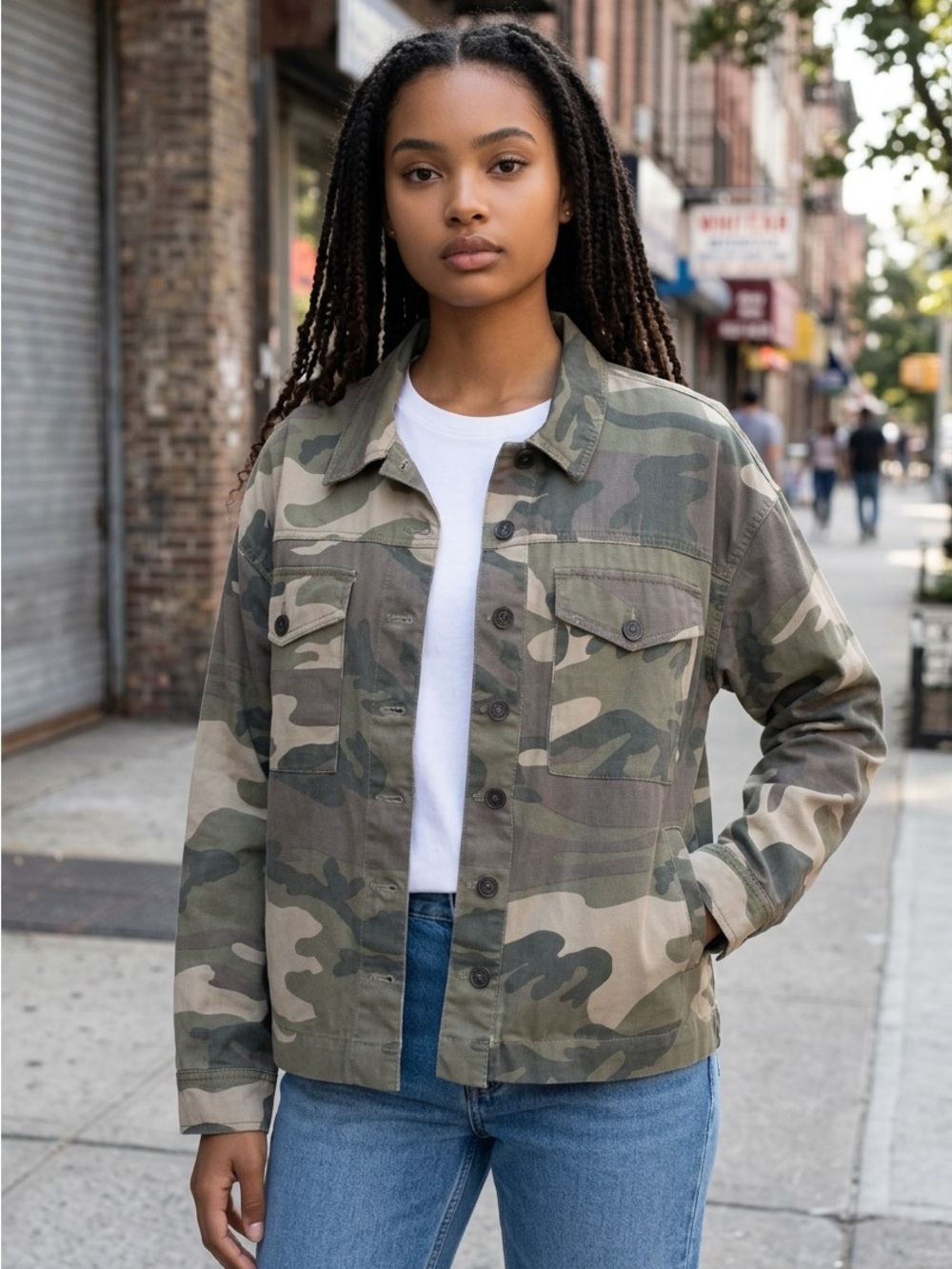 Forever 21 Camouflage Jacket NWOT L Tortoise Buttons Pockets